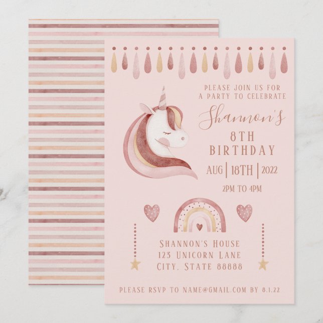 Invitation d'anniversaire de la licorne (Devant / Derrière)