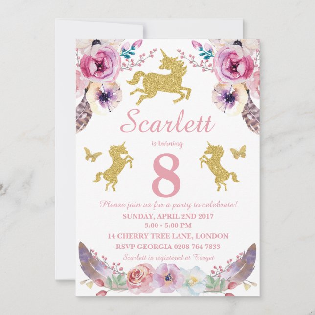 Invitation d'anniversaire de la licorne (Devant)