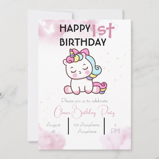 Invitation d'anniversaire de la licorne (Devant)