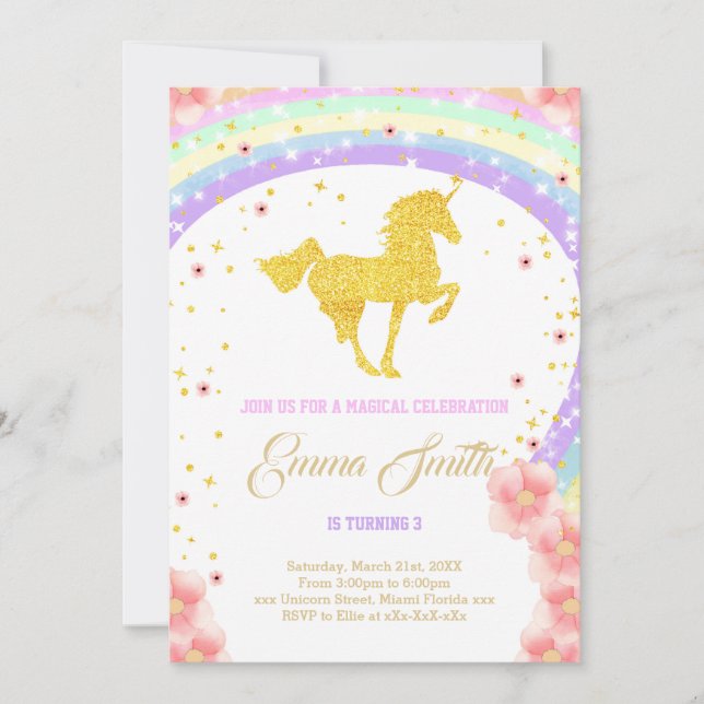 Invitation d'anniversaire de la licorne d'or (Devant)