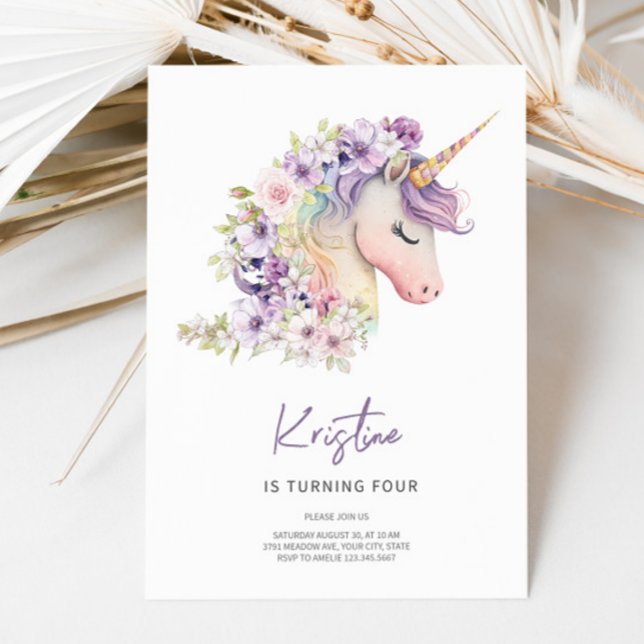 Invitation d'anniversaire de la licorne florale ma (Créateur téléchargé)