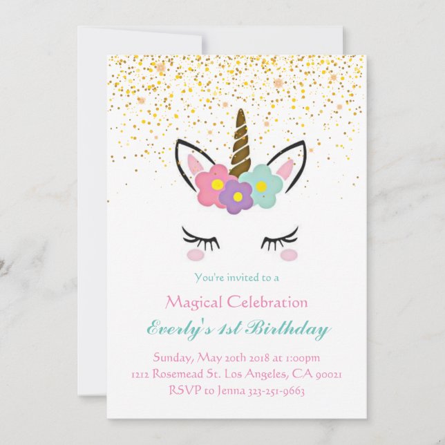 Invitation d'anniversaire de la licorne magique (Devant)