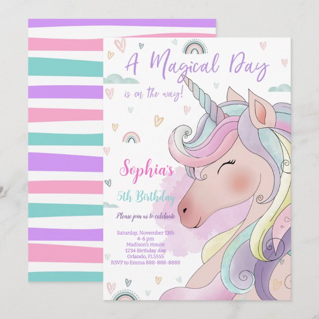 Invitation d'anniversaire de la licorne magique (Devant / Derrière)