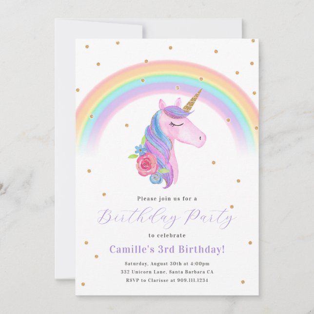 Invitation d'anniversaire de la licorne magique et (Devant)
