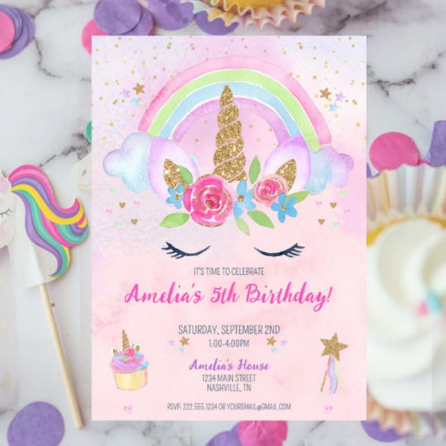 Invitation d'anniversaire de la licorne magique Ra (Pink Magical Unicorn Rainbow 5th Birthday Invitation )