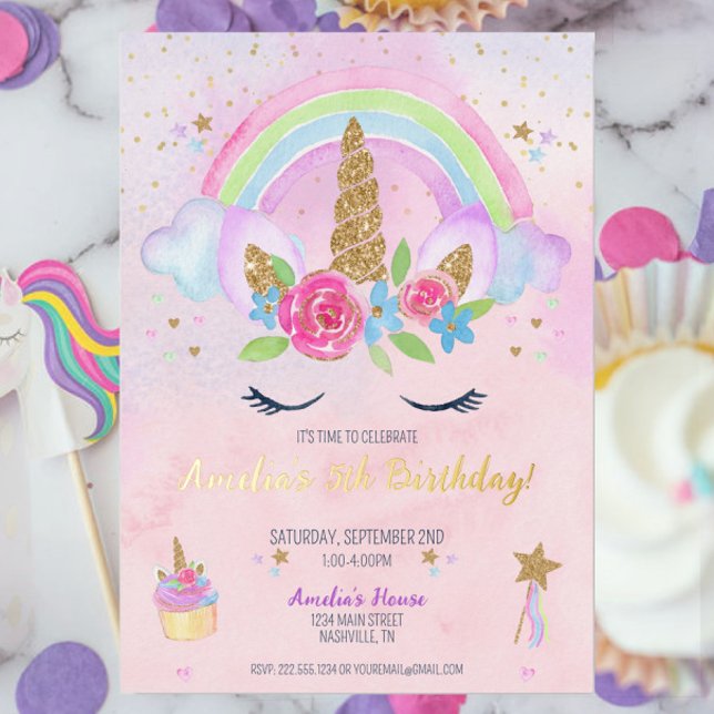 Invitation d'anniversaire de la licorne magique Ra (Pink Magical Unicorn Rainbow Gold Foil Birthday Invitation, Pastel Unicorn Theme Party for Girl)
