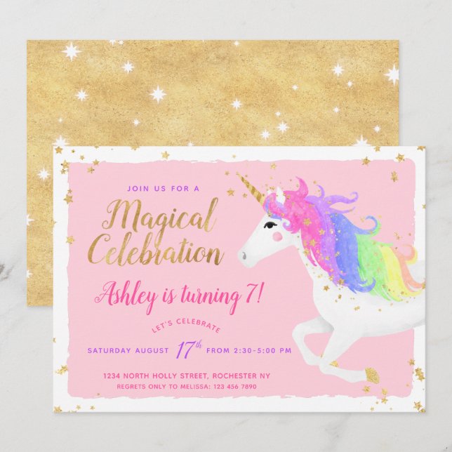 Invitation d'anniversaire de la licorne | Rose et  (Devant / Derrière)