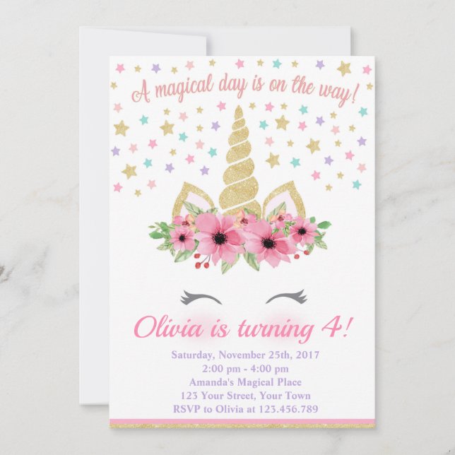 Invitation d'anniversaire de la licorne, rose et o (Devant)
