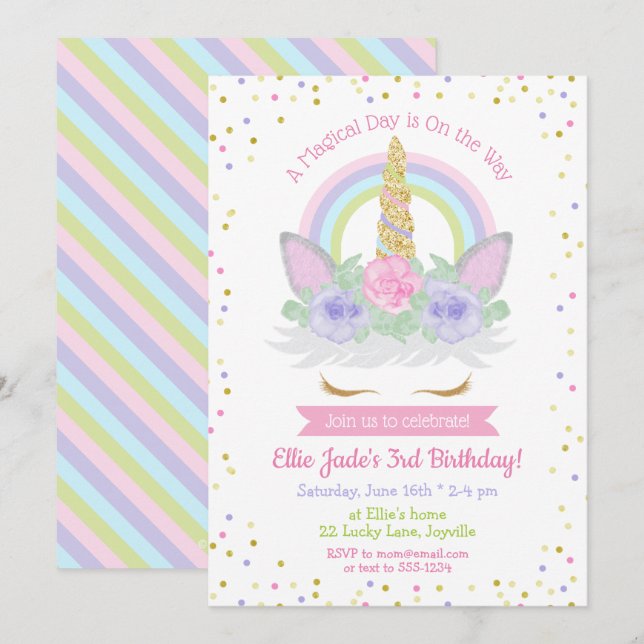 Invitation d'anniversaire de la licorne rose et vi (Devant / Derrière)