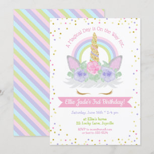 Invitation d'anniversaire de la licorne rose et vi