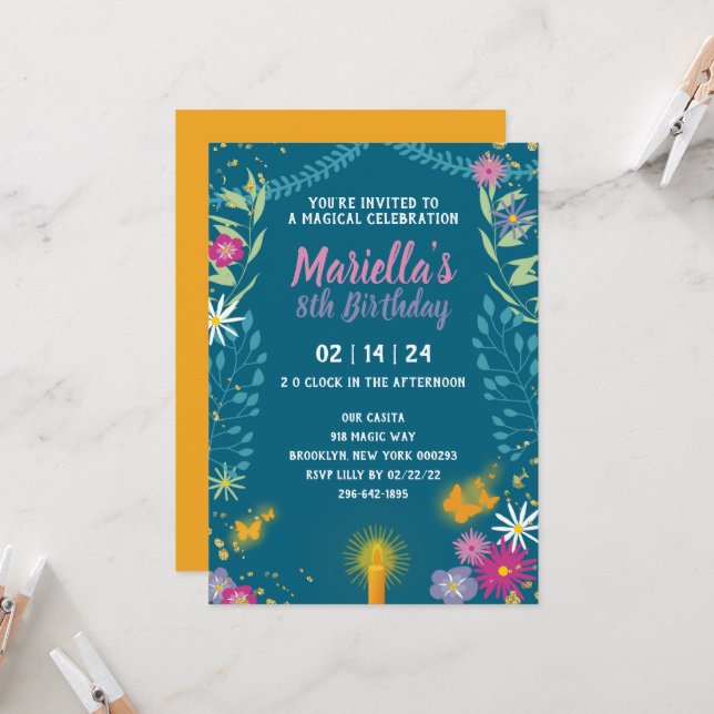 Invitation d'anniversaire de la magie florale (Devant/Arrière en situation)