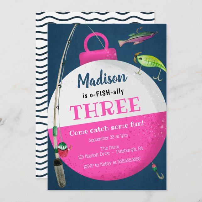 Invitation d'anniversaire de la pêche de la fille (Devant / Derrière)