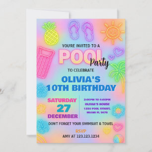 Invitation d'anniversaire de la piscine Neon