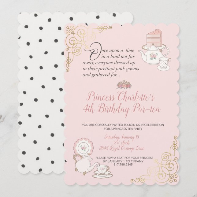 Invitation d'anniversaire de la Princess Tea Party (Devant / Derrière)