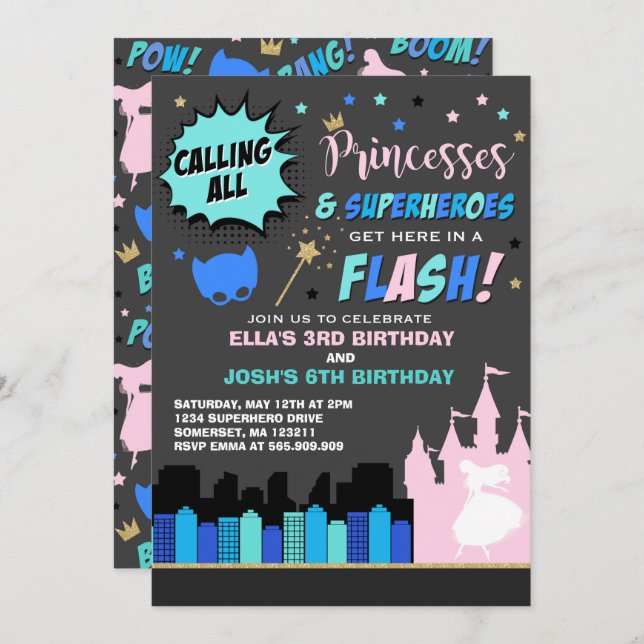Invitation d'anniversaire de la princesse et du su (Devant / Derrière)