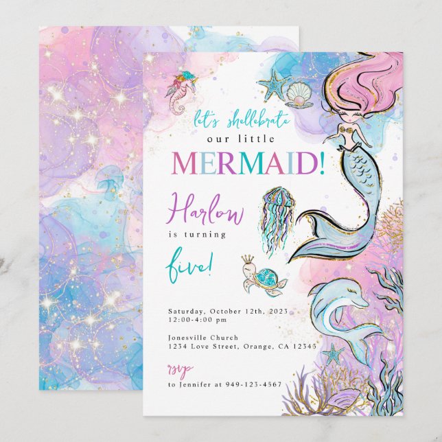 Invitation d'anniversaire de la sirène d'aquarelle (Devant / Derrière)