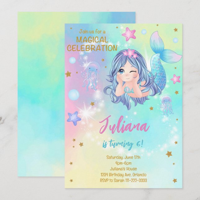 Invitation d'anniversaire de la Sirène turquoise (Devant / Derrière)