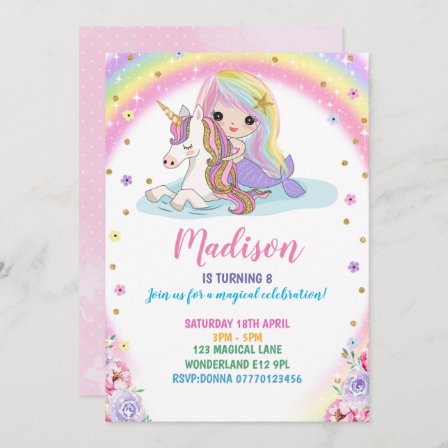 Invitation d'anniversaire de la Sirène Unicorn (Devant / Derrière)