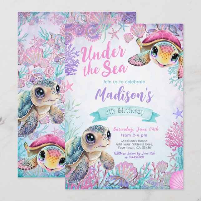 Invitation d'anniversaire de la tortue de mer (Devant / Derrière)