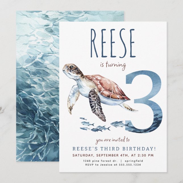 Invitation d'anniversaire de la tortue de mer (Devant / Derrière)