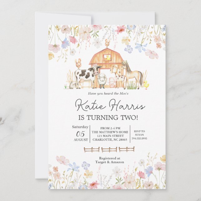 Invitation d'anniversaire de la vache fleur sauvag (Devant)