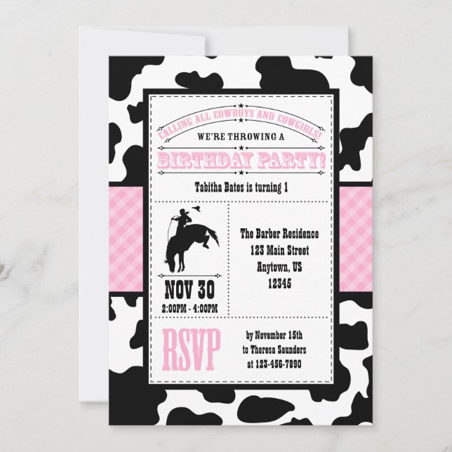 Invitation d'anniversaire de la vache rose (Devant)
