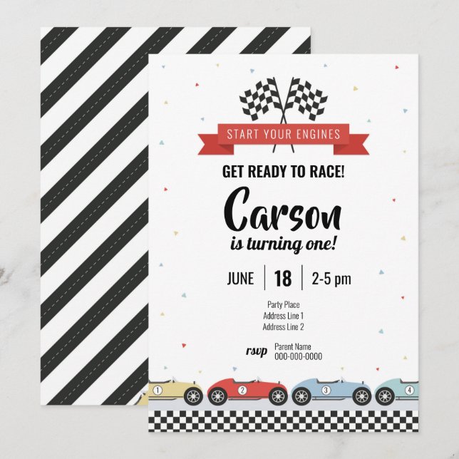 Invitation d'anniversaire de la voiture de course  (Devant / Derrière)
