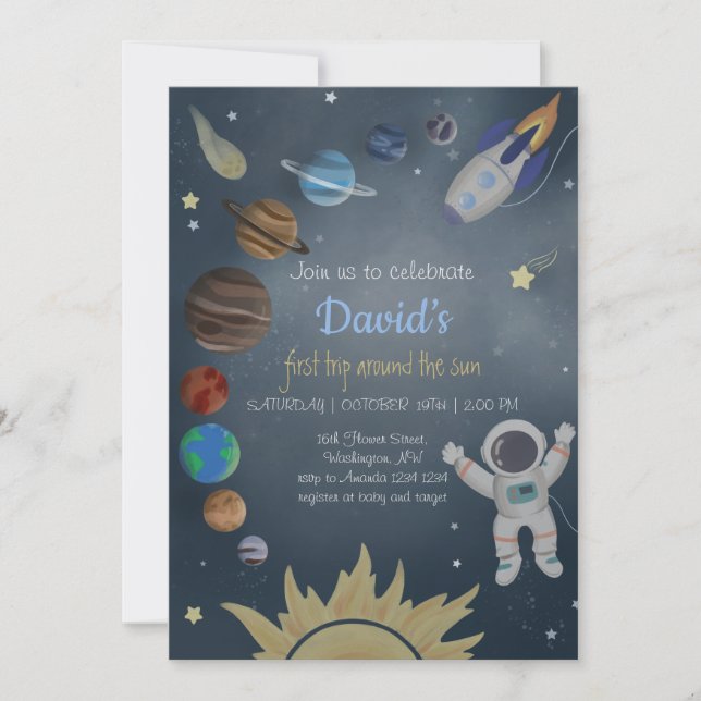 Invitation d'anniversaire de l'astronaute Planètes (Devant)