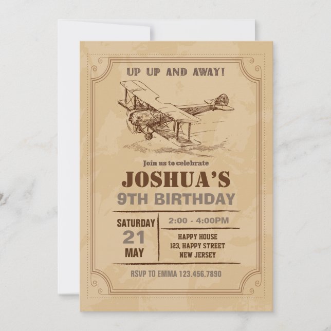 Invitation d'anniversaire de l'avion vintage (Devant)