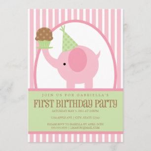 invitation d'anniversaire de l'éléphant 5x7 rose
