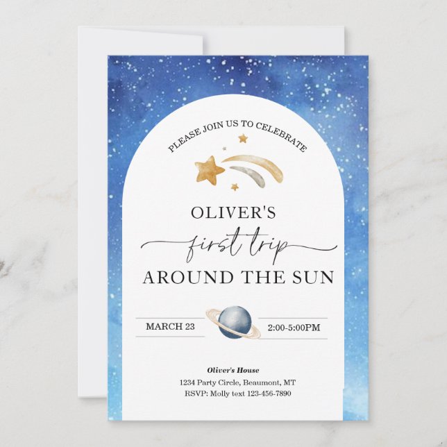 Invitation d'anniversaire de l'espace | Premier an (Devant)