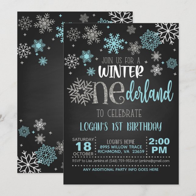 Invitation d'anniversaire de l'hiver ONE derland - (Devant / Derrière)