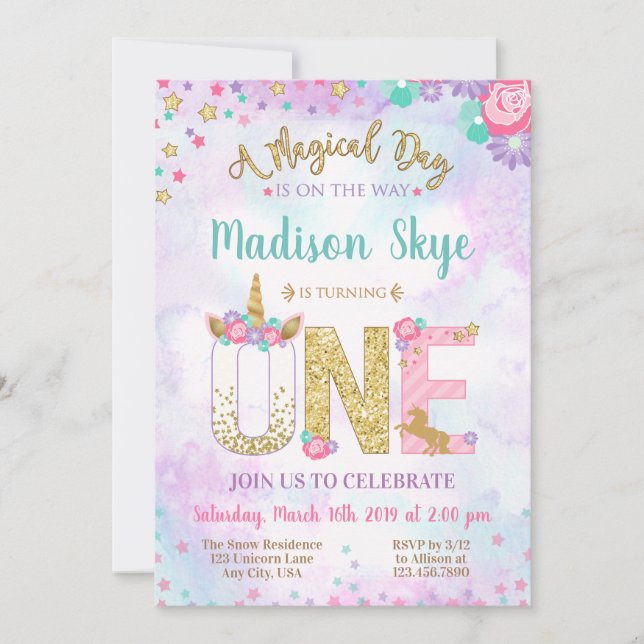 Invitation d'anniversaire de licorne d'aquarelle (Devant)
