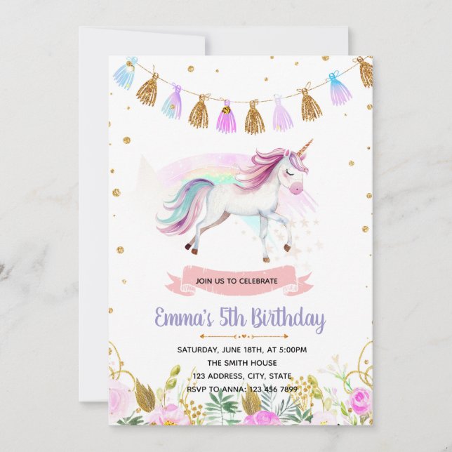 Invitation d'anniversaire de licorne magique (Devant)