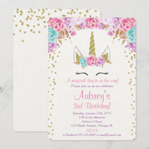 Invitation d'anniversaire de licorne, or pourpre