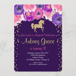 Invitation d'anniversaire de licorne, or pourpre
