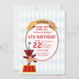 Invitation d'anniversaire de l'ours de cirque mign