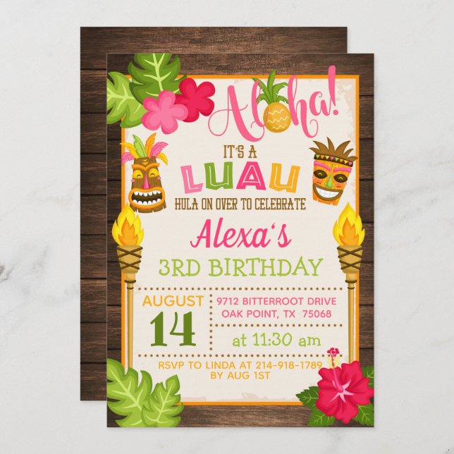 Invitation d'anniversaire de Luau (Devant / Derrière)