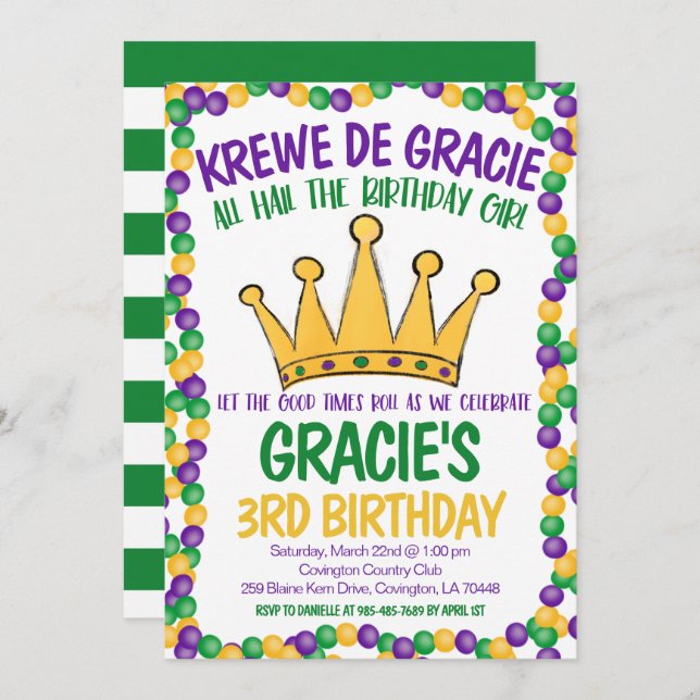 Invitation d'anniversaire de Mardi Gras (Devant / Derrière)