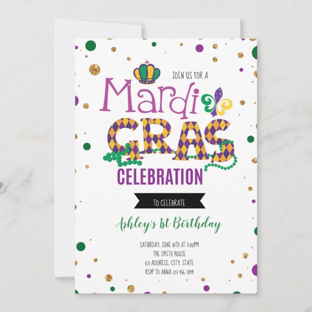 Invitation d'anniversaire de Mardi gras (Devant)