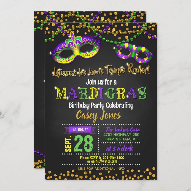 Invitation d'anniversaire de Mardi Gras (Devant / Derrière)
