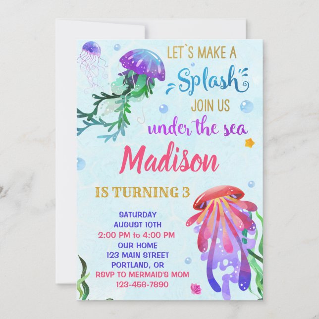 Invitation d'anniversaire de méduses Sous l'invita (Devant)
