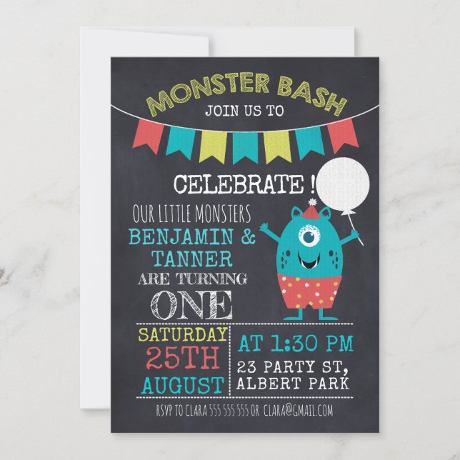 Invitation d'anniversaire de monstre de tableau de (Devant)