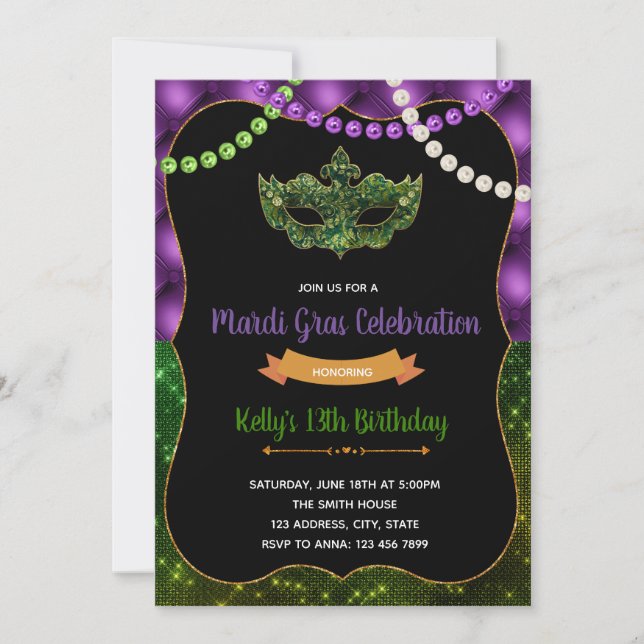 Invitation d'anniversaire de partie de mardi gras (Devant)
