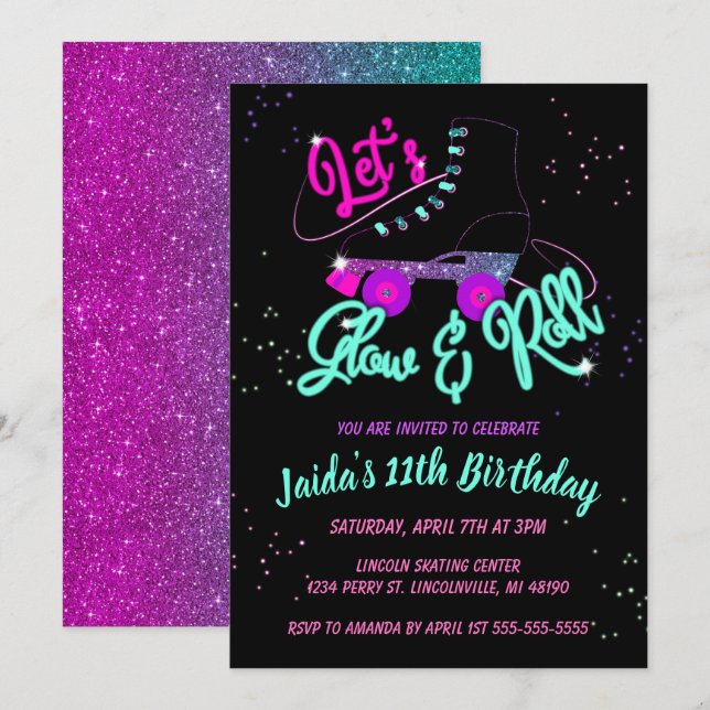 Invitation d'anniversaire de patin à roulettes Glo (Devant / Derrière)