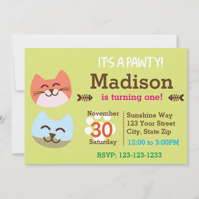 Invitation d'anniversaire de Pawty de chat (Devant)