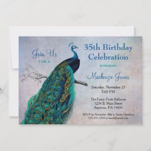 Invitation d'anniversaire de Peacock Vintage Blue 