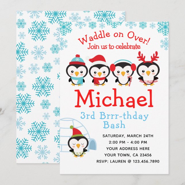Invitation d'anniversaire de Penguin (Devant / Derrière)