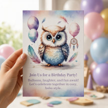 Invitation d'anniversaire de petite chouette bois