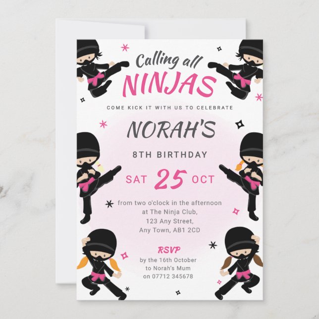 Invitation d'anniversaire de Pink Ninja - Filles K (Devant)